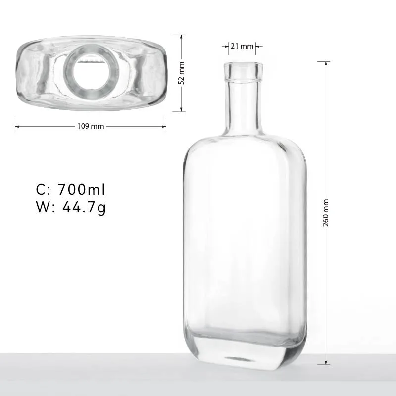 700ml Clear Flat Square Shaped Glass Vodka Whiskey Liquor Bottle with Cork