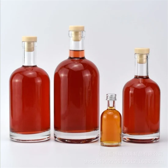 Fornitore di mini bottiglie di vetro di forma rotonda, 100 ml, 200 ml, 250 ml, 500 ml, 700 ml, 1000 ml, tappo in sughero pesante, bottiglia grande per vino, whisky, brandy e tequila gin con tappo in sughero